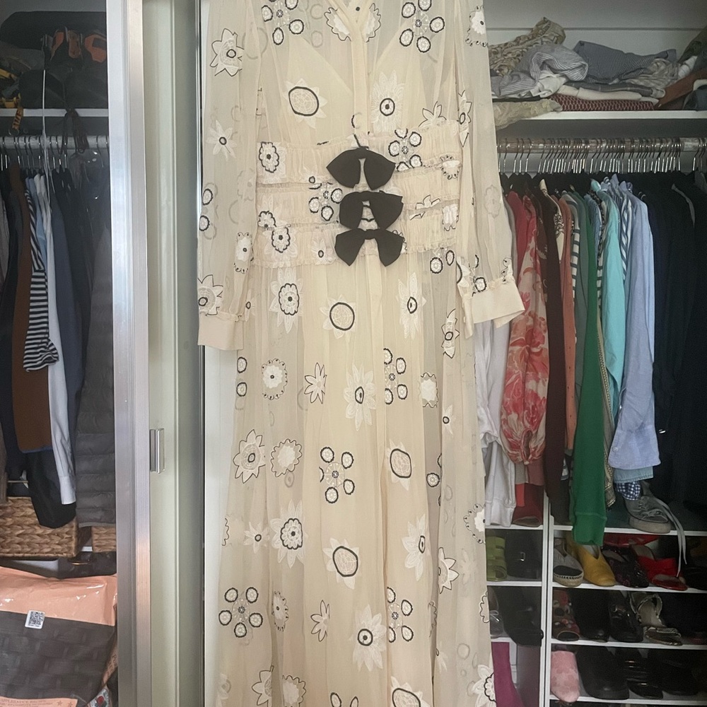 Rebecca Taylor Cream Floral Maxi Dress with Black Bow Detail